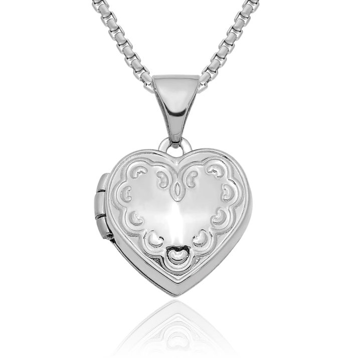 14K Solid White Gold Heart Personalized Photo Locket Necklace Picture Pendant Charm