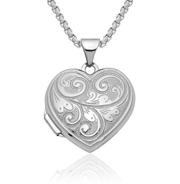 14K Solid White Gold Heart Personalized Photo Locket Necklace Picture Pendant Charm