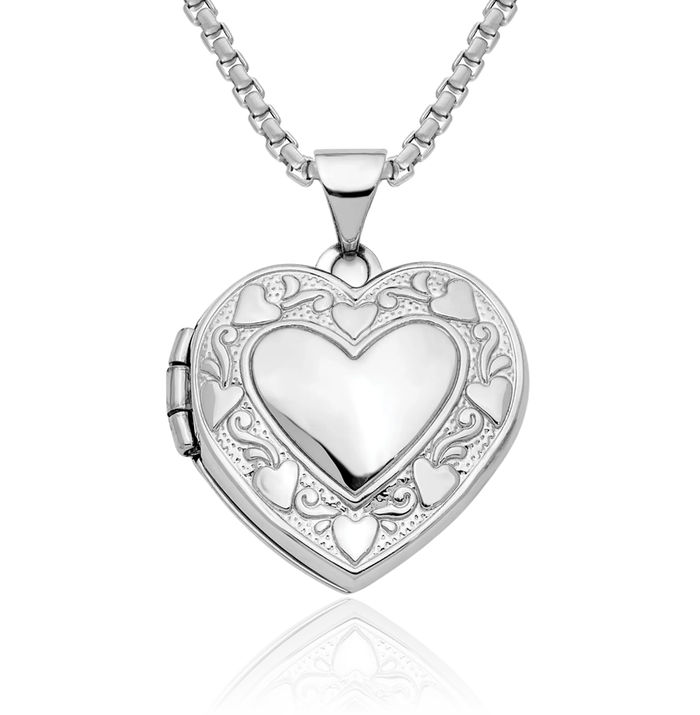 14K Solid White Gold Heart Reversible Personalized Photo Locket Necklace Picture Pendant Charm