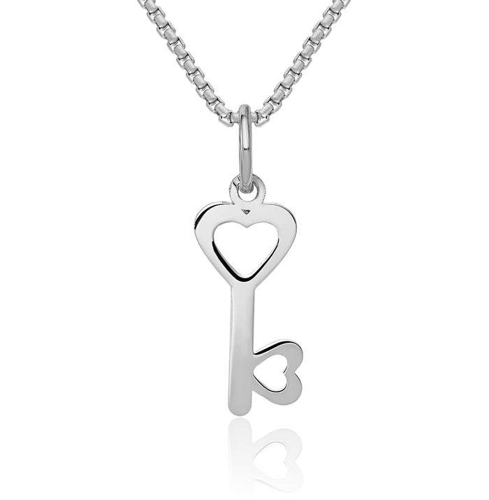 14K Solid White Gold Heart Shaped Key Lock Necklace Chain Pendant Charm