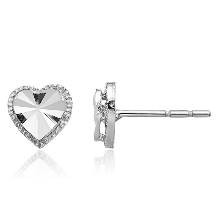 14K Solid White Gold Heart Stud Earrings