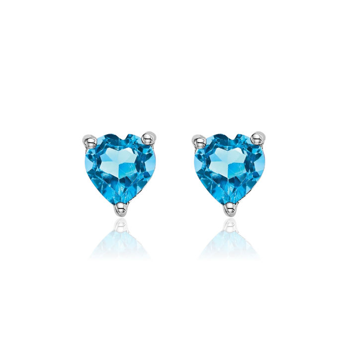 14K Solid White Gold Heart Swiss Blue Topaz Studs Gemstone Earrings December Birthstone Jewelry