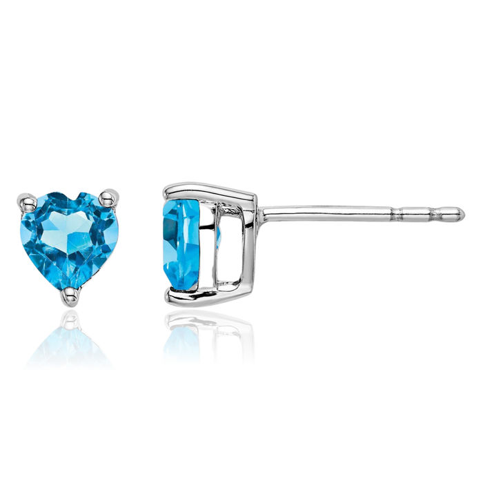 14K Solid White Gold Heart Swiss Blue Topaz Studs Gemstone Earrings December Birthstone Jewelry