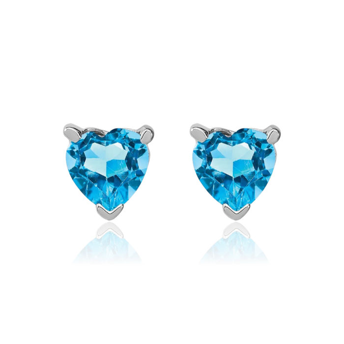 14K Solid White Gold Heart Swiss Blue Topaz Studs Gemstone Earrings December Birthstone Jewelry