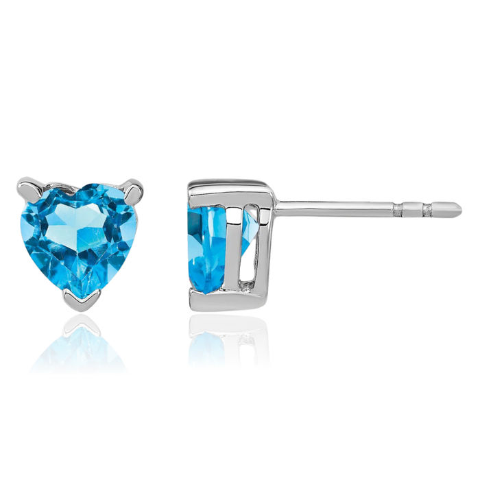 14K Solid White Gold Heart Swiss Blue Topaz Studs Gemstone Earrings December Birthstone Jewelry