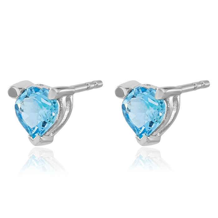 14K Solid White Gold Heart Swiss Blue Topaz Studs Gemstone Earrings December Birthstone Jewelry