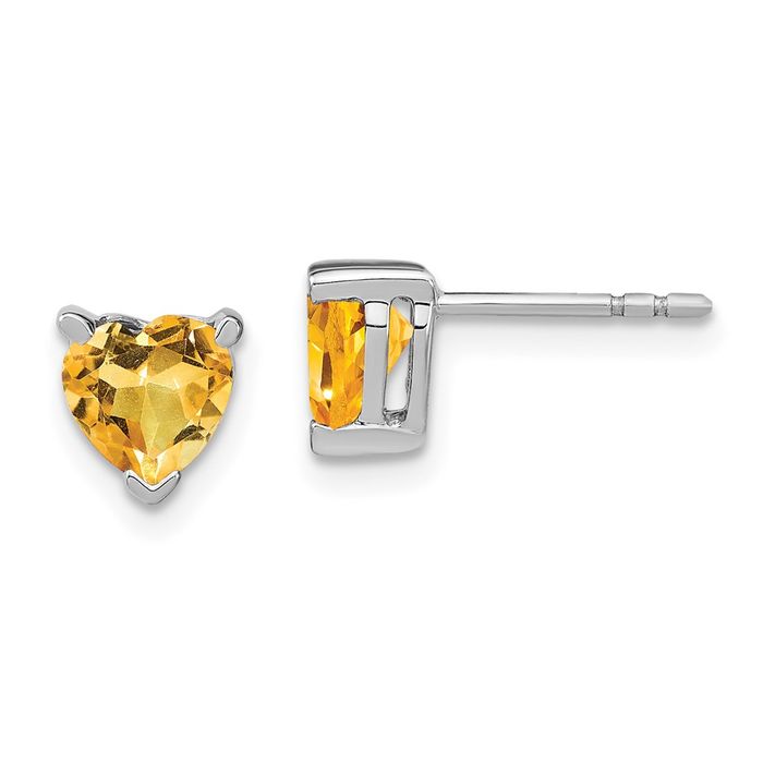 14K Solid White Gold Heart Yellow Orange Citrine Studs Gemstone Earrings November Birthstone Jewelry
