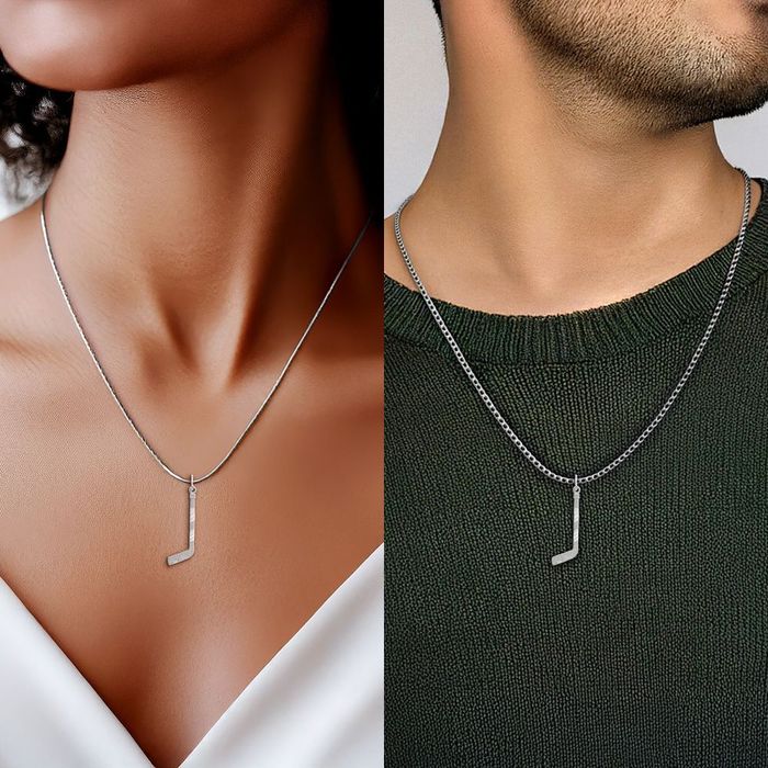 14K Solid White Gold Hockey Goalie Stick Puck Glove Necklace Charm Sports Pendant