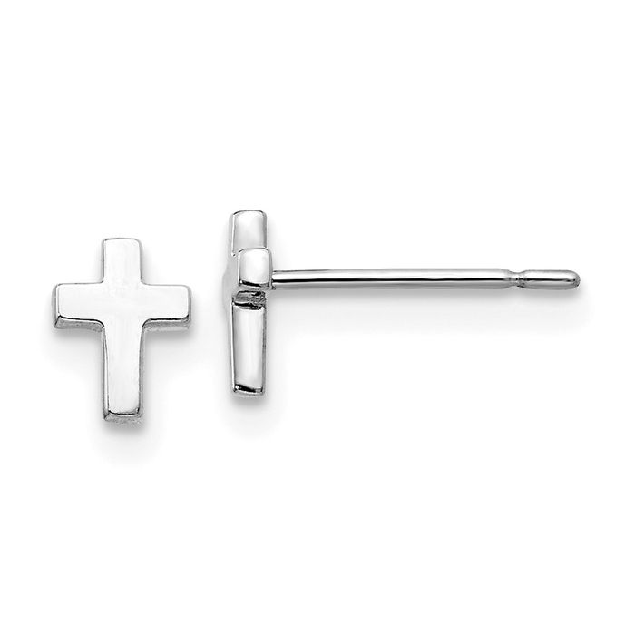 14K Solid White Gold Holy Cross Drop Dangle Christian Religious Stud Earrings