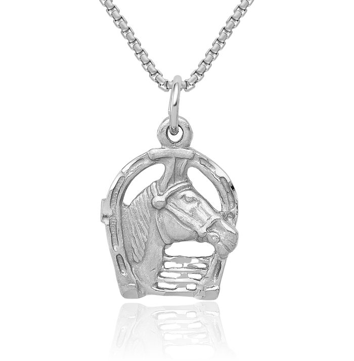 14K Solid White Gold Horse Head Lucky Horseshoe Necklace Animal Lover Pendant Equestrian Charm