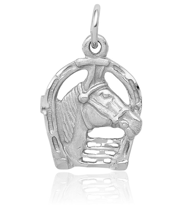 14K Solid White Gold Horse Head Lucky Horseshoe Necklace Animal Lover Pendant Equestrian Charm