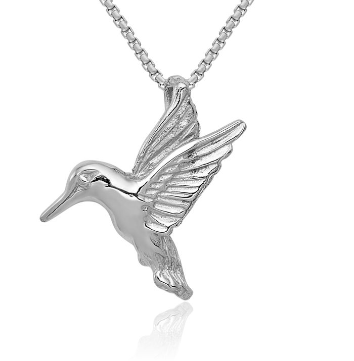 14K Solid White Gold Hummingbird Floating Chain Slide Pendant Necklace Bird Charm