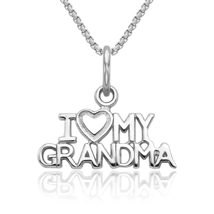 14K Solid White Gold I Love Heart My Grandma Necklace Nana Charm Grandmother Pendant