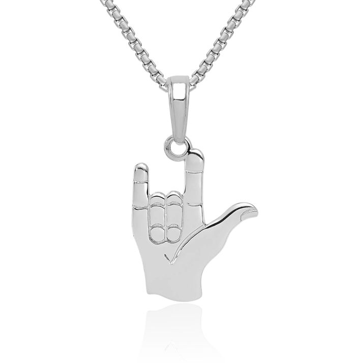 14K Solid White Gold I Love You Sign Language Necklace Chain Pendant Charm