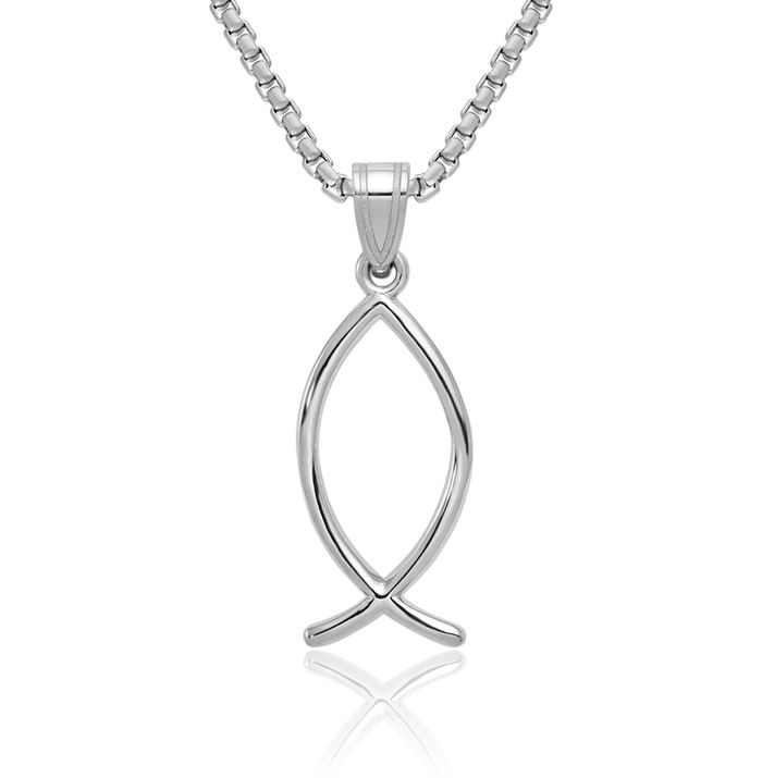 14K Solid White Gold Ichthus Fish Symbol Necklace Religious Chain Pendant Christian Jesus Christ Charm