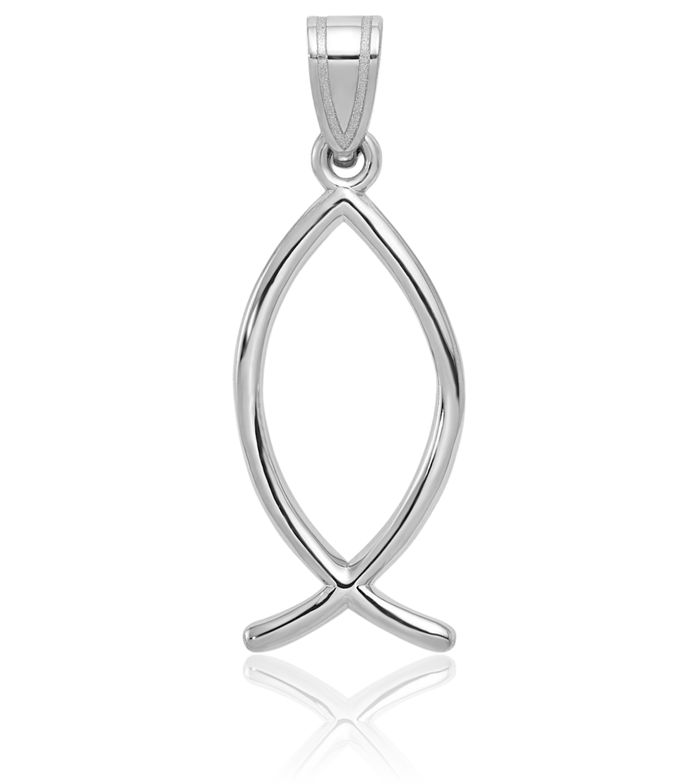 14K Solid White Gold Ichthus Fish Symbol Necklace Religious Chain Pendant Christian Jesus Christ Charm