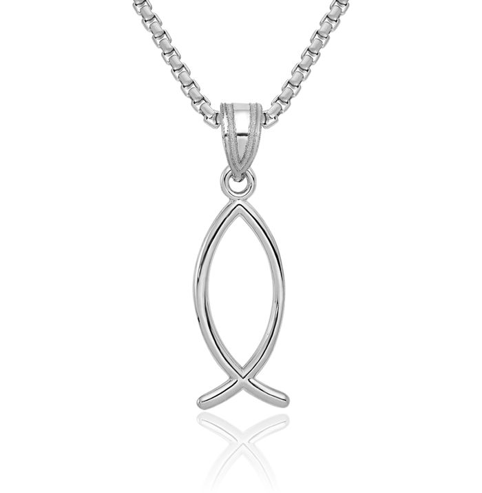 14K Solid White Gold Ichthus Fish Symbol Necklace Religious Chain Pendant Christian Jesus Christ Charm