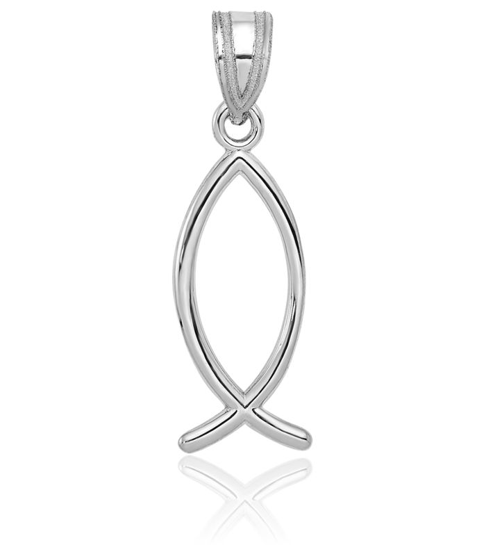 14K Solid White Gold Ichthus Fish Symbol Necklace Religious Chain Pendant Christian Jesus Christ Charm