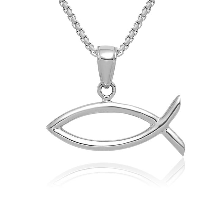 14K Solid White Gold Ichthus Fish Symbol Necklace Religious Chain Pendant Christian Jesus Christ Charm