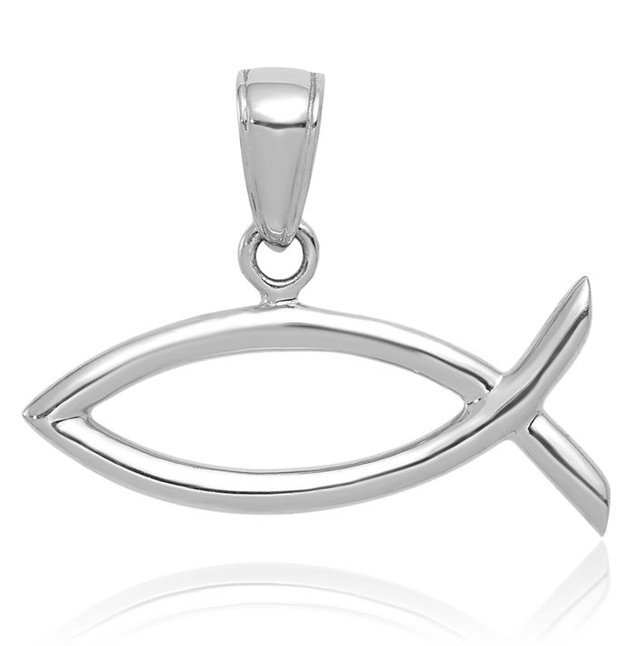 14K Solid White Gold Ichthus Fish Symbol Necklace Religious Chain Pendant Christian Jesus Christ Charm