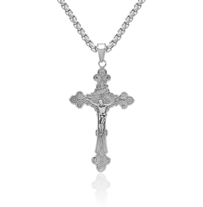 14K Solid White Gold Inri Lord Jesus Christ Crucifix Holy Cross French Fleur De Lis Lily Flower Necklace Religious Chain Pendant Charm