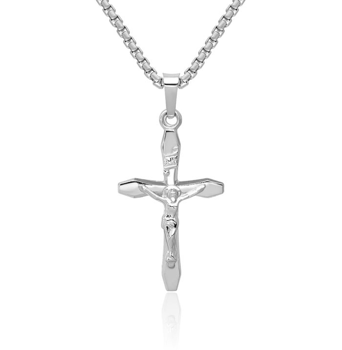 14K Solid White Gold Inri Lord Jesus Christ Crucifix Latin Mexican Holy Cross Necklace Religious Chain Pendant Charm