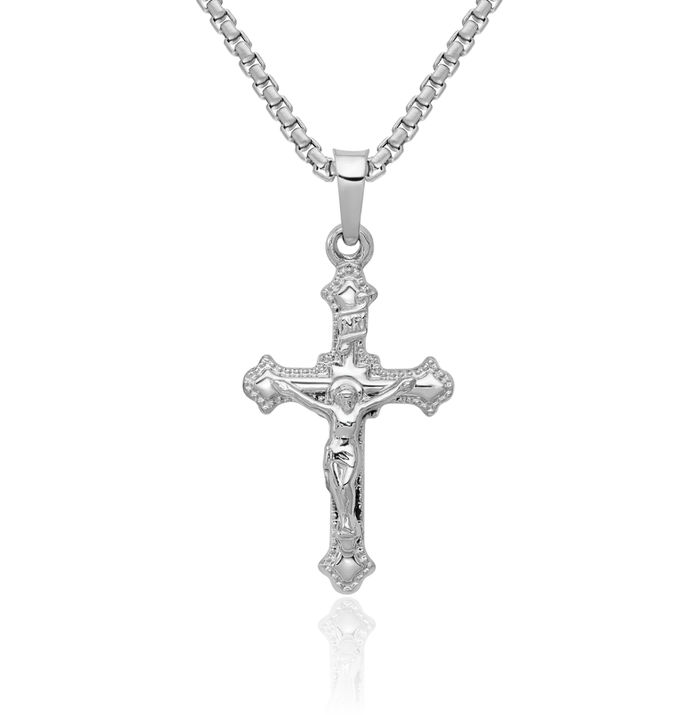 14K Solid White Gold Inri Lord Jesus Christ Crucifix Holy Cross Necklace Religious Chain Pendant Charm