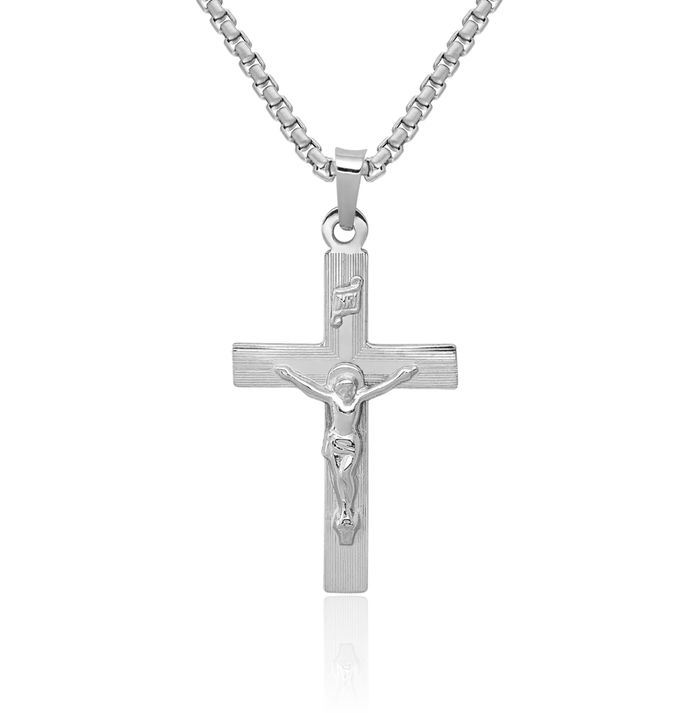 14K Solid White Gold Inri Lord Jesus Christ Crucifix Holy Cross Necklace Religious Chain Pendant Charm