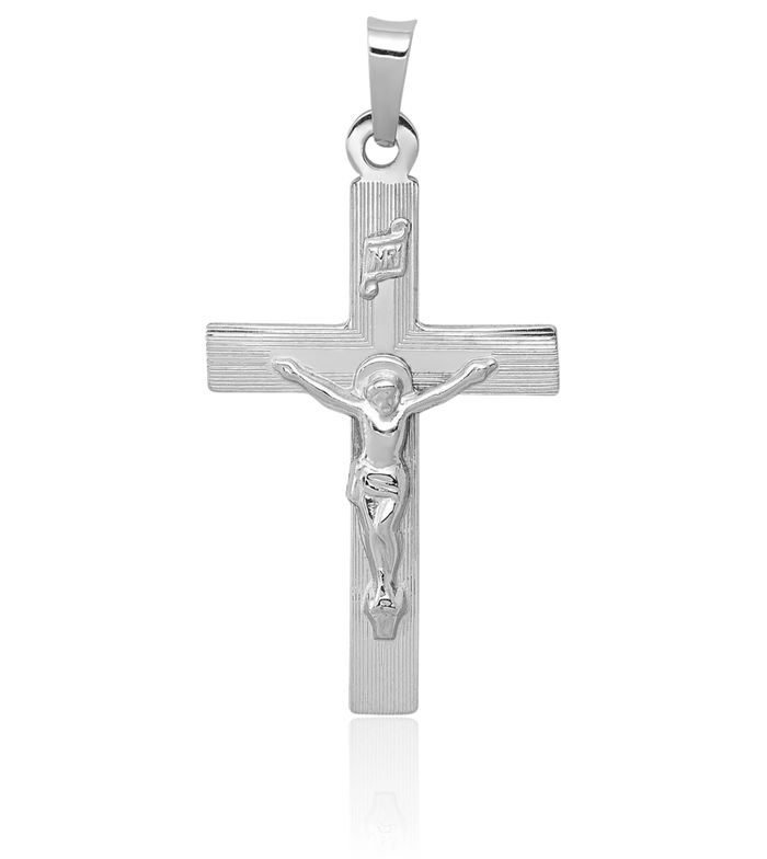 14K Solid White Gold Inri Lord Jesus Christ Crucifix Holy Cross Necklace Religious Chain Pendant Charm