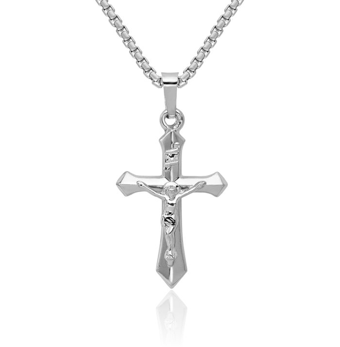 14K Solid White Gold Inri Lord Jesus Christ Crucifix Holy Cross Necklace Religious Chain Pendant Charm