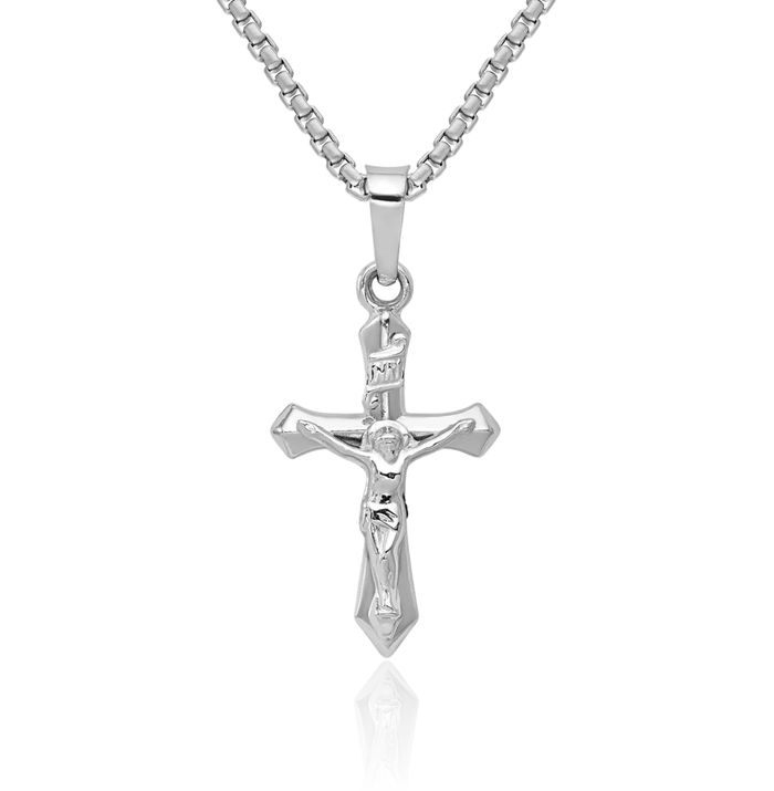 14K Solid White Gold Inri Lord Jesus Christ Crucifix Holy Cross Necklace Religious Chain Pendant Charm