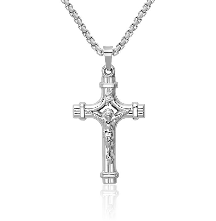 14K Solid White Gold Inri Lord Jesus Christ Crucifix Holy Cross Necklace Religious Chain Pendant Charm