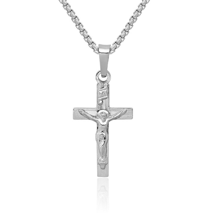 14K Solid White Gold Inri Lord Jesus Christ Crucifix Holy Cross Necklace Religious Chain Pendant Charm