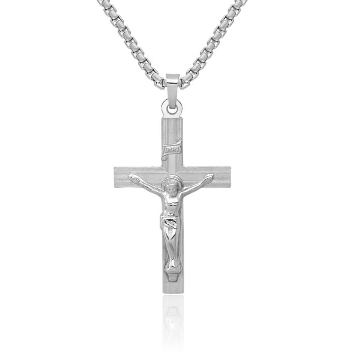 14K Solid White Gold Inri Lord Jesus Christ Crucifix Holy Cross Necklace Religious Chain Pendant Charm