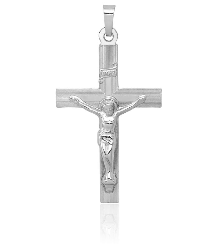 14K Solid White Gold Inri Lord Jesus Christ Crucifix Holy Cross Necklace Religious Chain Pendant Charm