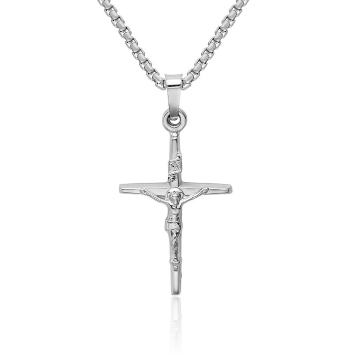 14K Solid White Gold Inri Lord Jesus Christ Crucifix Holy Cross Necklace Religious Chain Pendant Charm