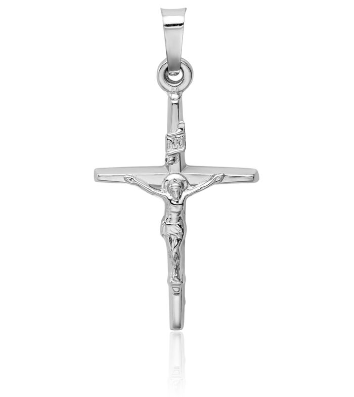 14K Solid White Gold Inri Lord Jesus Christ Crucifix Holy Cross Necklace Religious Chain Pendant Charm