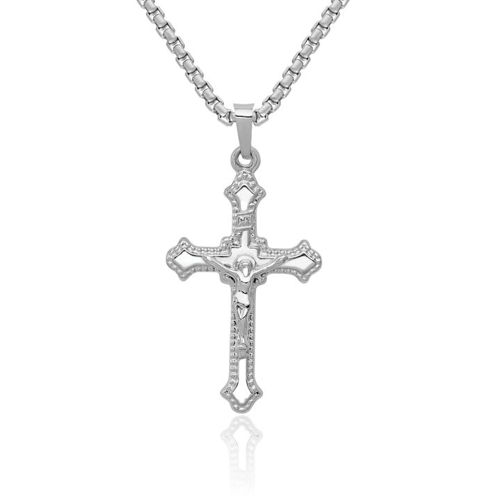 14K Solid White Gold Inri Lord Jesus Christ Crucifix Holy Cross Necklace Religious Chain Pendant Charm