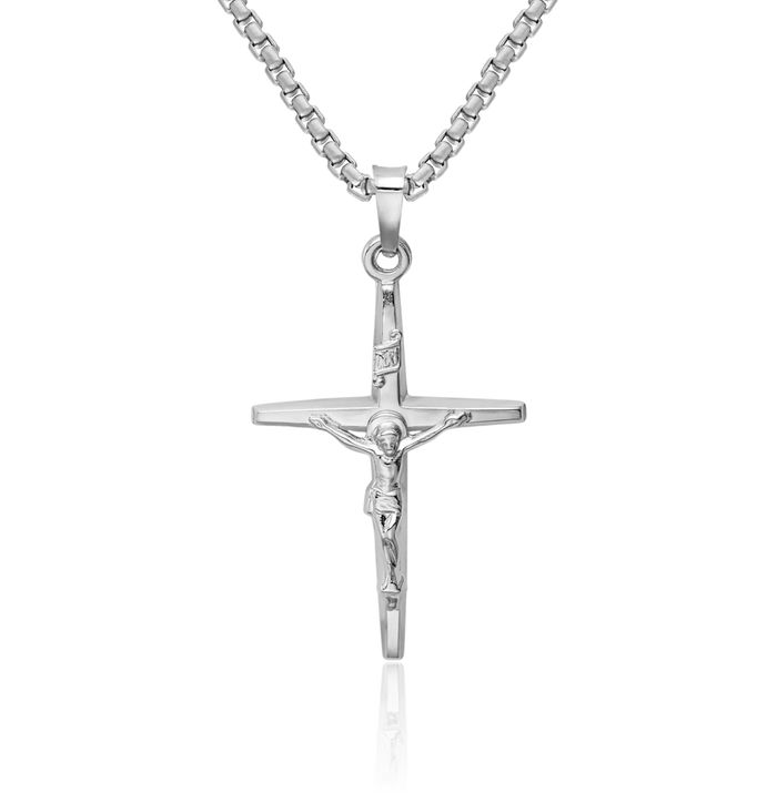 14K Solid White Gold Inri Lord Jesus Christ Crucifix Holy Cross Necklace Religious Chain Pendant Charm