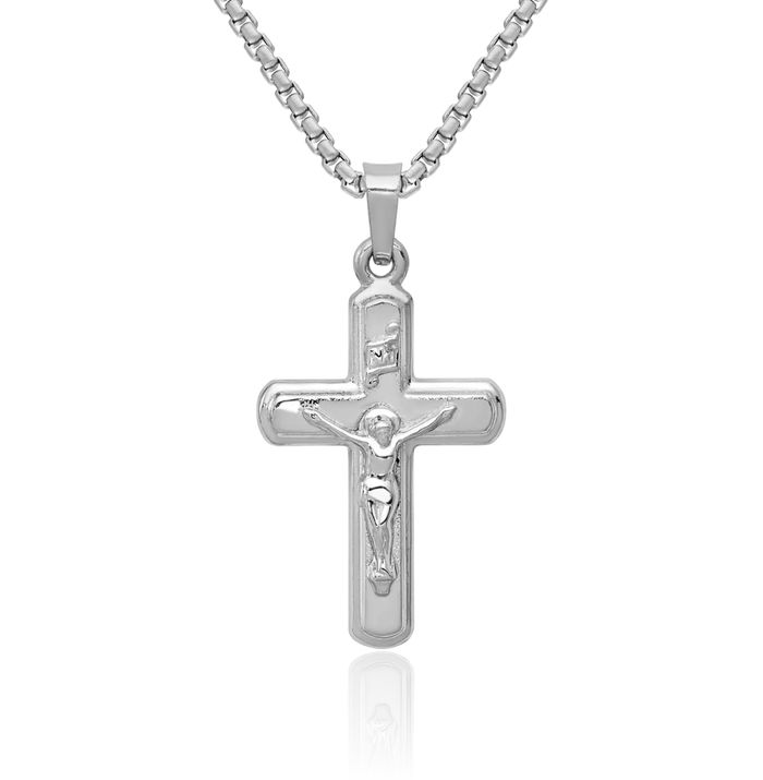 14K Solid White Gold Inri Lord Jesus Christ Crucifix Holy Cross Necklace Religious Chain Pendant Charm