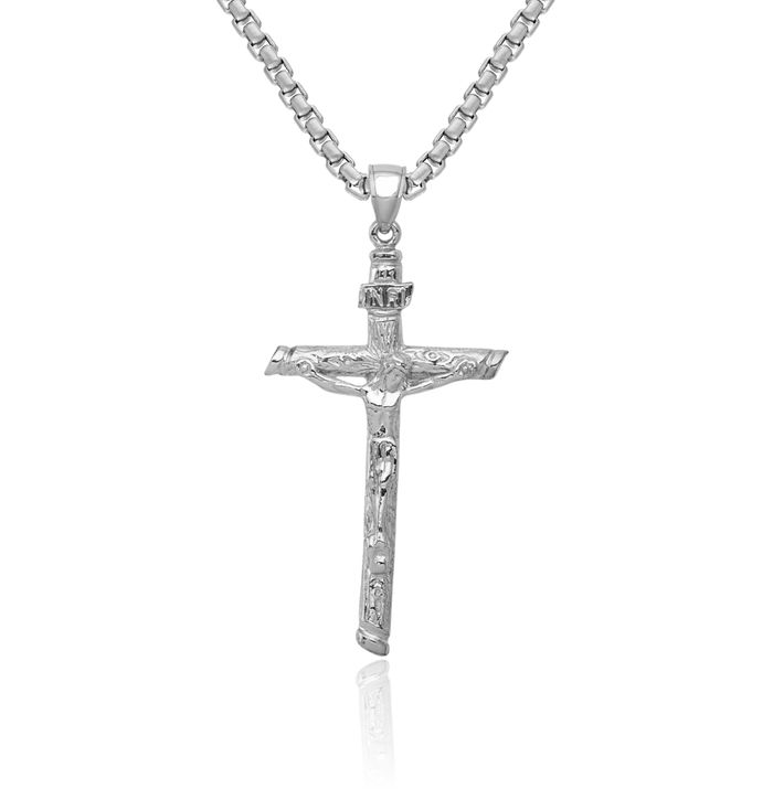 14K Solid White Gold Inri Lord Jesus Christ Crucifix Holy Cross Necklace Religious Chain Pendant Charm