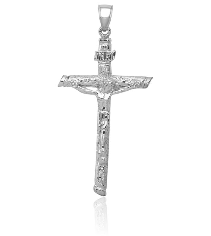 14K White Gold Inri Lord Jesus Christ Crucifix Holy Cross Necklace