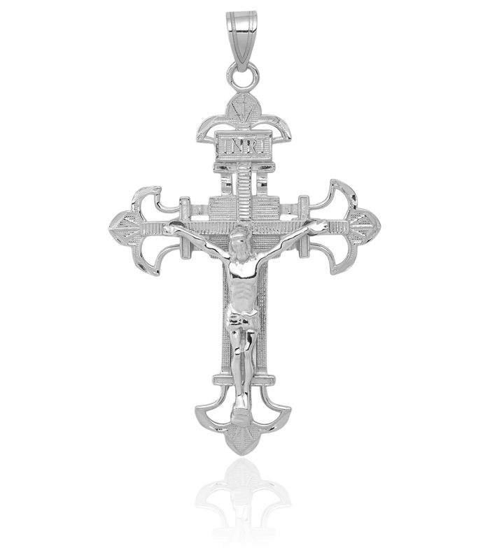 14K Solid White Gold Inri Lord Jesus Christ Crucifix Holy Cross Necklace Religious Chain Pendant Charm