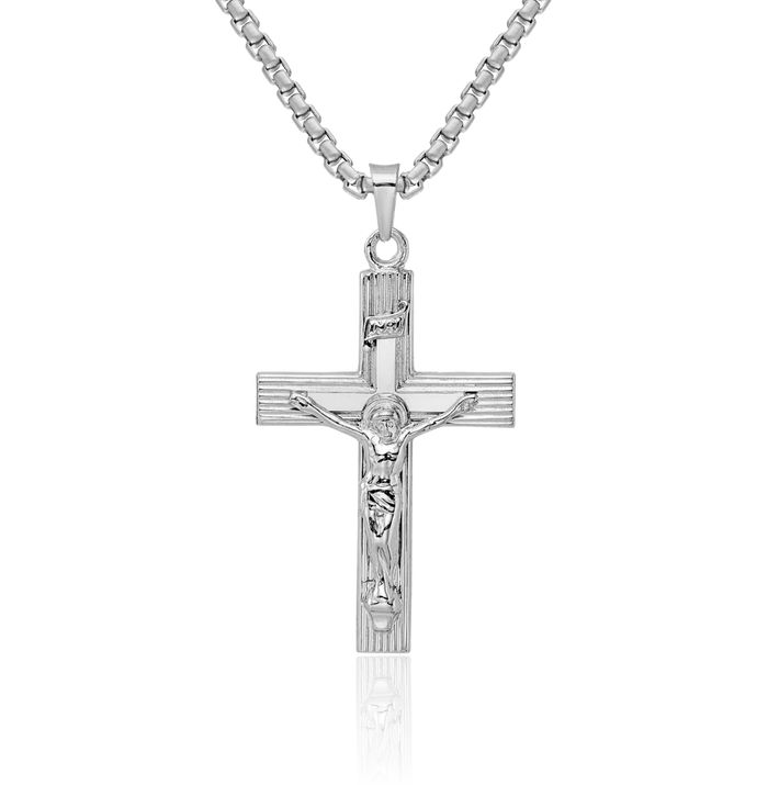 14K Solid White Gold Inri Lord Jesus Christ Crucifix Holy Cross Necklace Religious Chain Pendant Charm