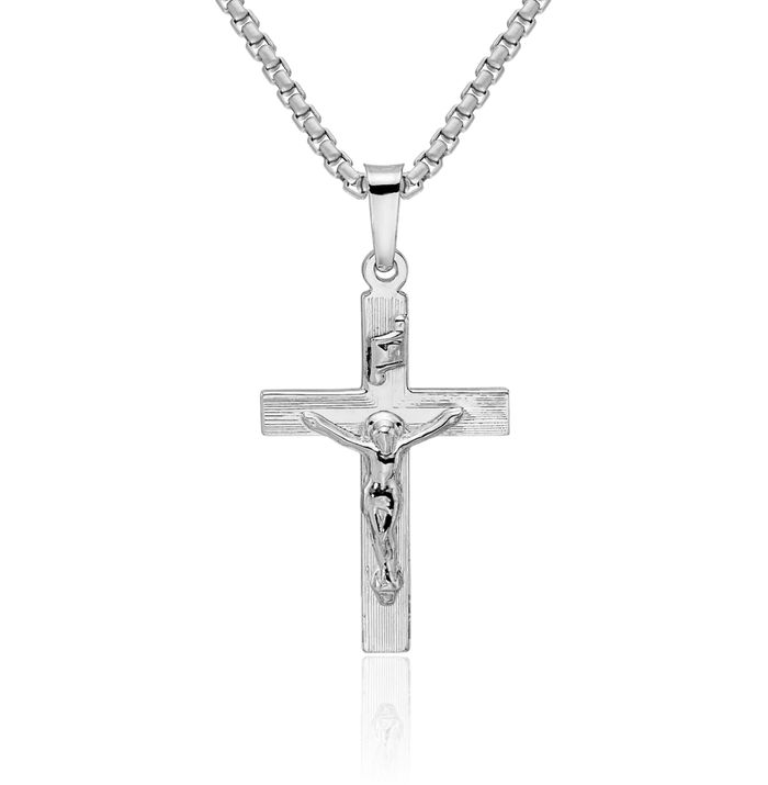 14K Solid White Gold Inri Lord Jesus Christ Crucifix Holy Cross Necklace Religious Chain Pendant Charm