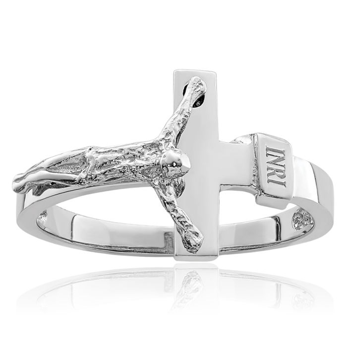 14K Solid White Gold Inri Lord Jesus Christ Crucifix Holy Cross Ring Christian Religious Band