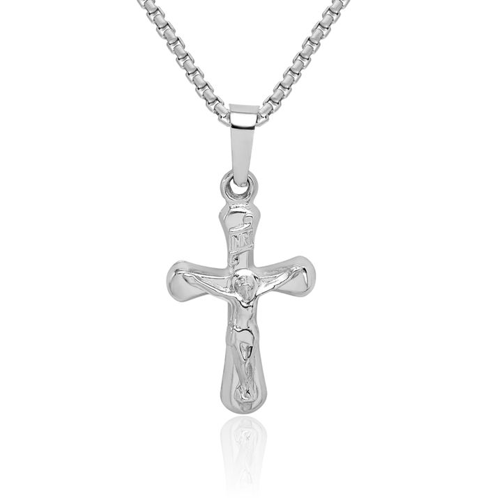 14K Solid White Gold Inri Round Lord Jesus Christ Crucifix Holy Cross Necklace Religious Chain Pendant Charm