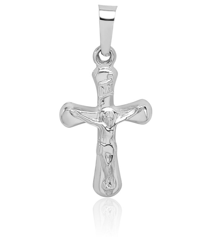 14K Solid White Gold Inri Round Lord Jesus Christ Crucifix Holy Cross Necklace Religious Chain Pendant Charm