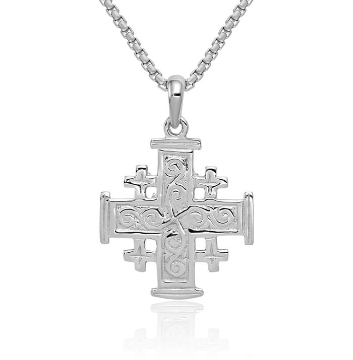 14K Solid White Gold Jerusalem Crusader Holy Cross Necklace Religious Chain Pendant Jesus Christ Charm