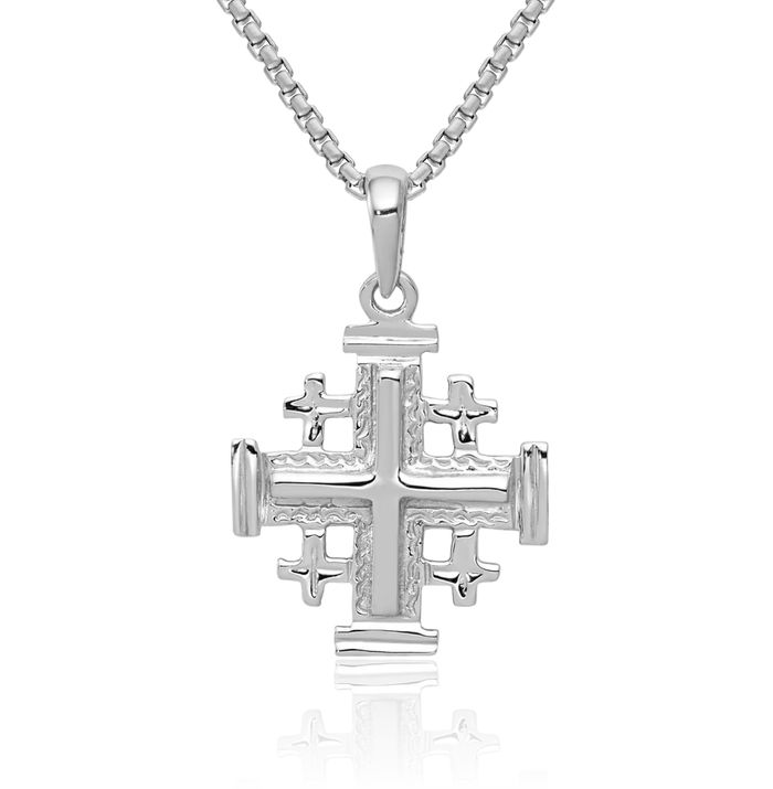 14K Solid White Gold Jerusalem Crusader Holy Cross Necklace Religious Chain Pendant Jesus Christ Charm